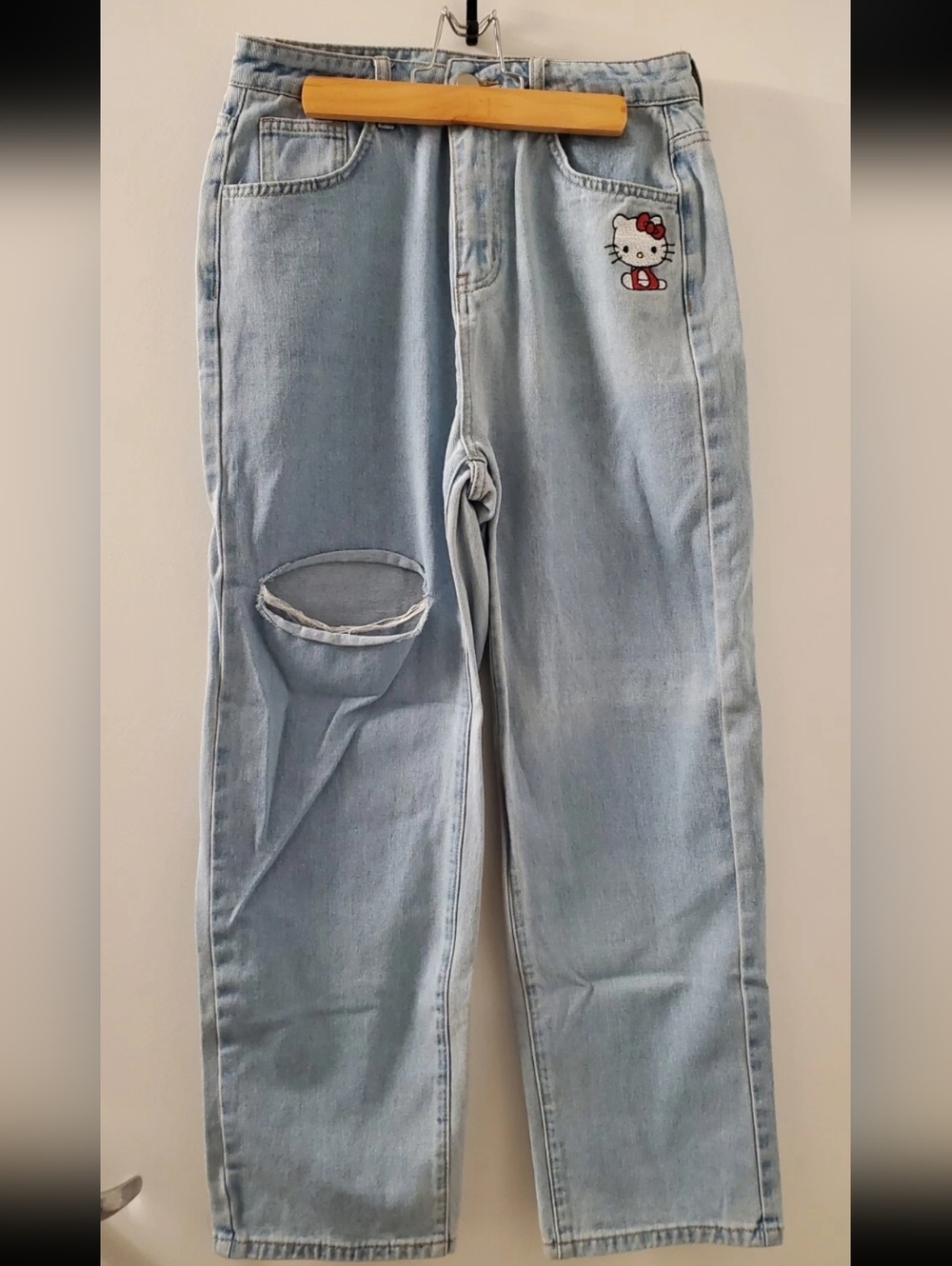 Shein Hello Kitty Light Blue Straight Leg Jeans with Embroidered Patch